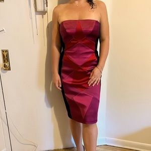 Strapless Black Red and Pink Satin Cocktail Dress